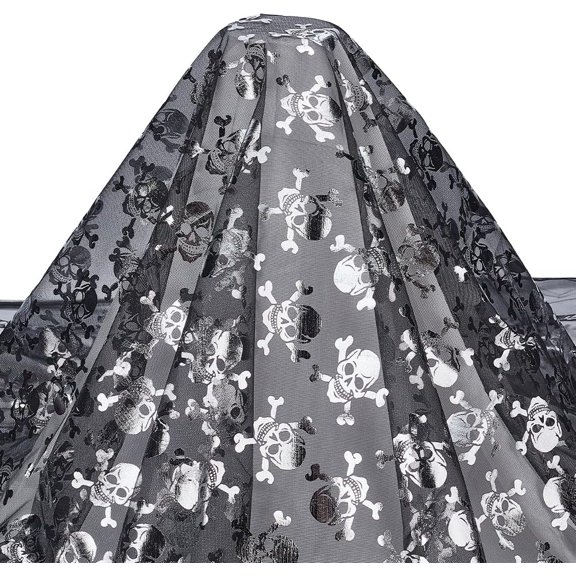 2.2Yards x 63Inch Silver Foil Tulle Black Web Fabric Human Pattern Mesh Fabric Rectangle Skulls Craft Cloth for Tablecloth Party Decoration