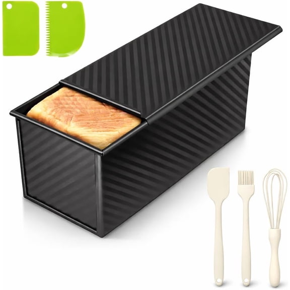 2.2lb Pullman Loaf Pan with Lid, Nonstick Carbon Steel Square Bread Pan for Baking Shokupan, Sandwich, Pain de Mie & Sourdough – Includes 6 Bonus Tools Black,2.2LB-1pcs