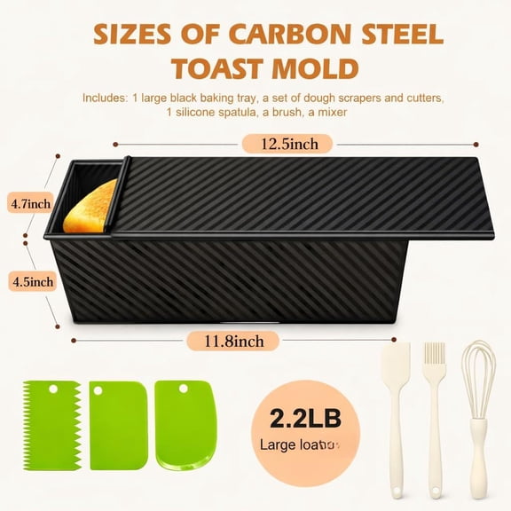 2.2lb Pullman Loaf Pan With Lid Nonstick Carbon Steel Square Bread For Baking Shokupan Sandwich De Mie & Sourdough - Includes 6 Bonus Tools