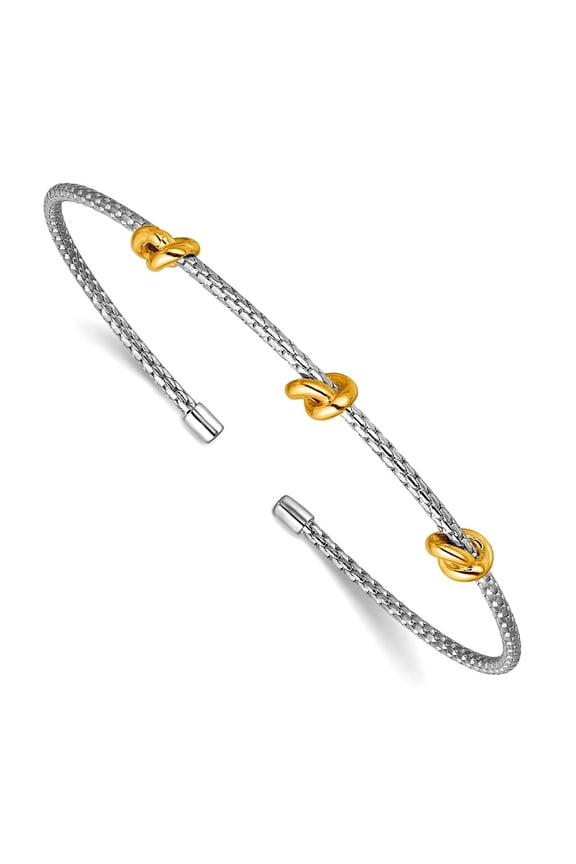 2.2mm 925 Sterling Silver Rhodium Platedand Gold-pl Polished Textured Love Knot Flexible Cuff Stackable Bangle Ban Cuff