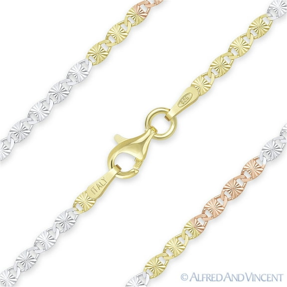 2.2mm Valentino Link D-Cut Pave Italian Chain Necklace in 3-Tone .925 Sterling Silver w/ 14k RG, 14k YG, & Rhodium