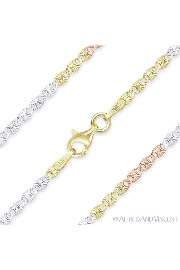 2.2mm Valentino Link D-Cut Pave Italian Chain Necklace in 3-Tone .925 Sterling Silver w/ 14k RG, 14k YG, & Rhodium