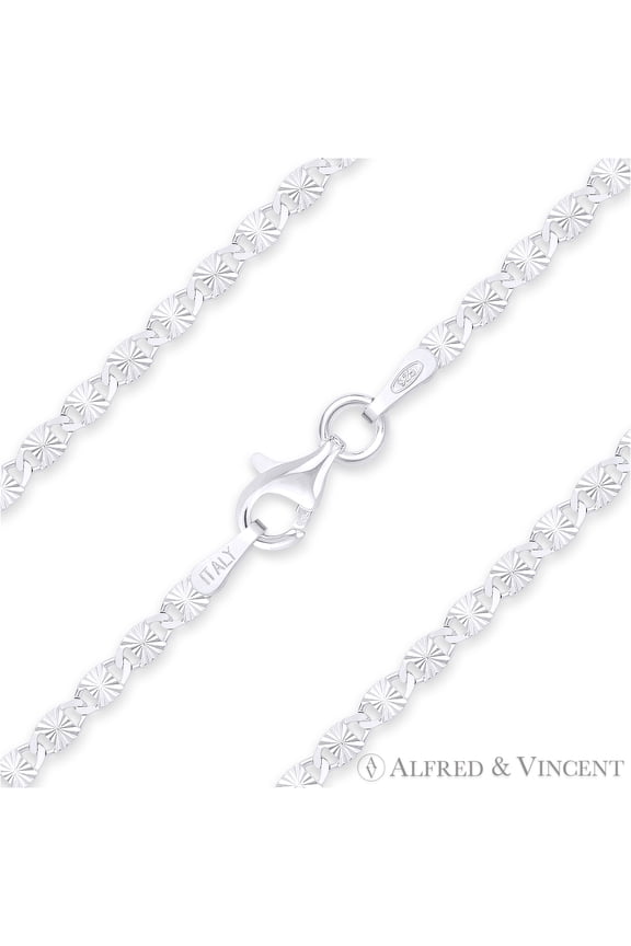 2.2mm Valentino Link D-Cut Pave Italian Chain Necklace in .925 Sterling Silver