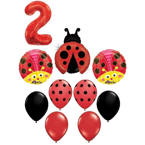 #2 2nd Ladybug Lady Bug Polka Dots Birthday Party 10 Piece Mylar and Latex Balloons Set Kit