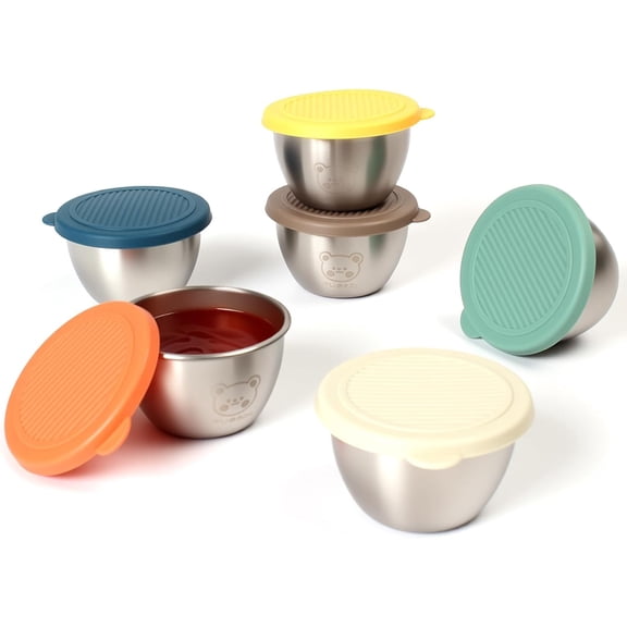 2.2oz Stainless Steel Condiment Cups Set of 6, Leak Proof Silicone Lids Reusable Mini Dressing Containers, Perfect for Lunch Boxes, Picnics and Meal Storage