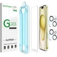 thumbnail image 1 of (2+2pack) amFilm for iPhone 15 -OneTouch Tempered Glass Screen & Camera Lens Protector 6.1", Easiest Premium Installation Kit, Bubble Free, Case Friendly, Anti-Scratch, 1 of 5