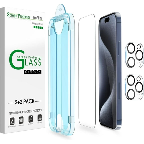 (2+2pack) amFilm for iPhone 15 Pro Max-OneTouch Tempered Glass Screen & Camera Lens Protector 6.7", Easiest Premium Installation Kit, Bubble Free, Case Friendly, Anti-Scratch