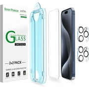 2+2pack amFilm for iPhone 15 Pro Max-OneTouch Tempered Glass Screen & Camera Lens Protector 6.7, Easiest Premium Installation Kit, Bubble Free, Case Friendly, Anti-Scratch