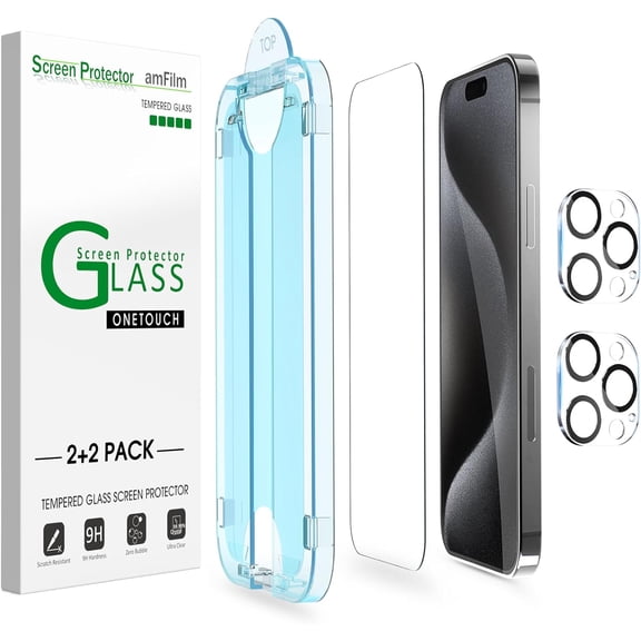 (2+2pack) amFilm for iPhone 15 Pro -OneTouch Tempered Glass Screen & Camera Lens Protector 6.1", Easiest Premium Installation Kit, Bubble Free, Case Friendly, Anti-Scratch