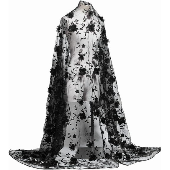 2.2yards Embroidered Flower Fabric 64.5inch Wide 3D Flower Organza Lace Fabric Floral Mesh Embroidery Fabric for Sewing DIY Custom Clothes Party Dress Home Decoration Black