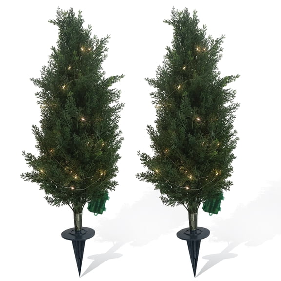2.3/3ft Lighted Artificial Cedar Topiary Trees (2-Pack) Flicker-Free LED Lights, UV Resistant Faux Evergreens with Ground Spikes for Create Evening Ambiance for Porch, Patio & Garden