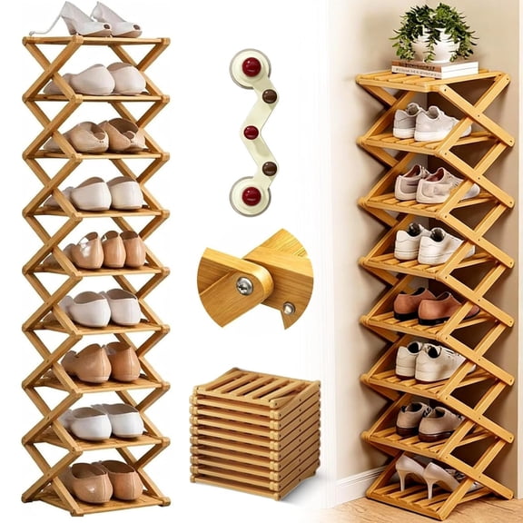 2/3/4/5/6/7/8/9 Tier Bamboo Shoe Rack, No Installation Required, Foldable Shoe Rack, Multi-Layered Storage, Strong Load-Bearing Capacity, Space-Saving, for Indoor, Balcony (Natural, 9 Tier)