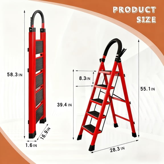 2 3 4 5 Step Heavy-Duty Metal Folding Ladder, 330LBS Load Capacity, Non-Slip Steps, Lightweight Space-Saving Foldable Ladder for Household Industrial Use