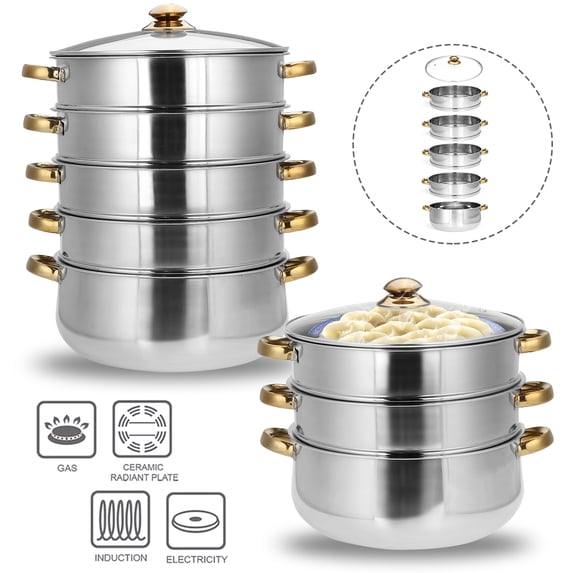2/3/4/5 Tiers Stainless Steel Steamer Pot Food Veg Cooker Pot Cooking Pan Steaming Pot Dim Sum Cookware Steamer Kit 28/30cm