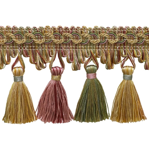 2 3/4" (7cm) Imperial Collection Scroll Gimp and Scalloped Loop Tassel Fringe Trim # NT2502,, Summer Rose Pink #3549 (Light Pink, White Ivory, Green Blue) Sold By The Yard (36"/3 ft/0.9m)