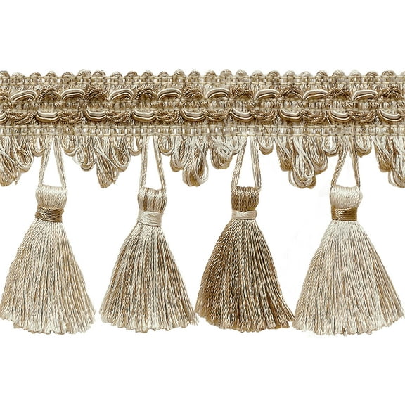 2 3/4" (7cm) Imperial Collection Scroll Gimp and Scalloped Loop Tassel Fringe Trim # NT2502,, White Sands #4001 (White Ivory, Cream Ivory, Light Beige) 5 Yards (15 ft/4.5m)