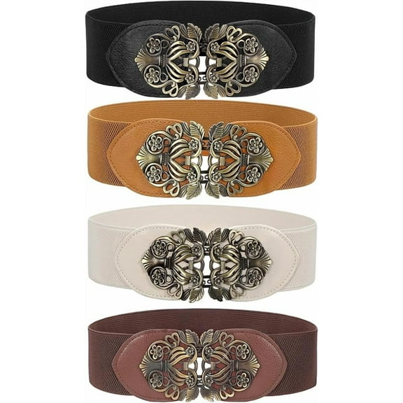 2/3/4 Piece Set Women's Vintage Wide Belt Dress, Elastic Waistband Vintage Interlocking Buckle