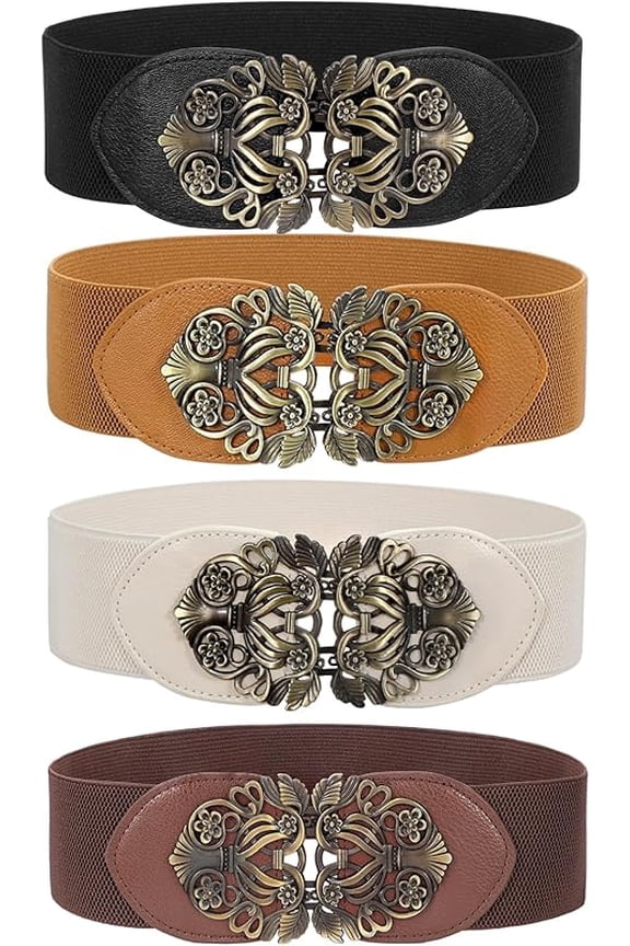 2/3/4 Piece Set Women's Vintage Wide Belt Dress, Elastic Waistband Vintage Interlocking Buckle