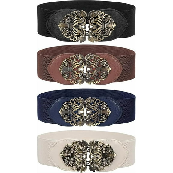 2/3/4 Piece Set Women's Vintage Wide Belt Dress, Elastic Waistband Vintage Interlocking Buckle