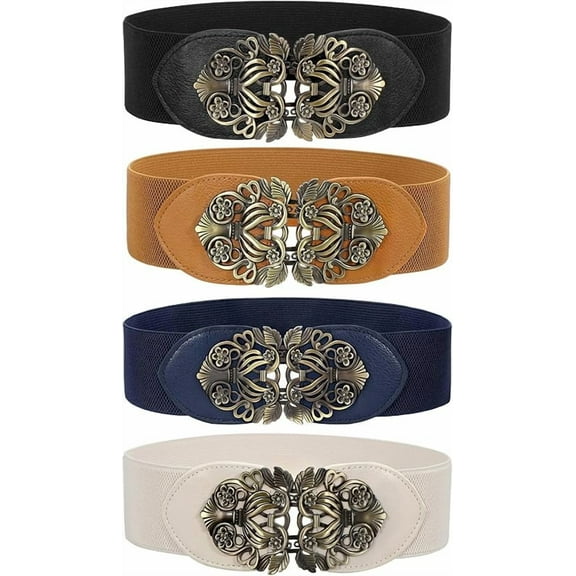 2/3/4 Piece Set Women's Vintage Wide Belt Dress, Elastic Waistband Vintage Interlocking Buckle