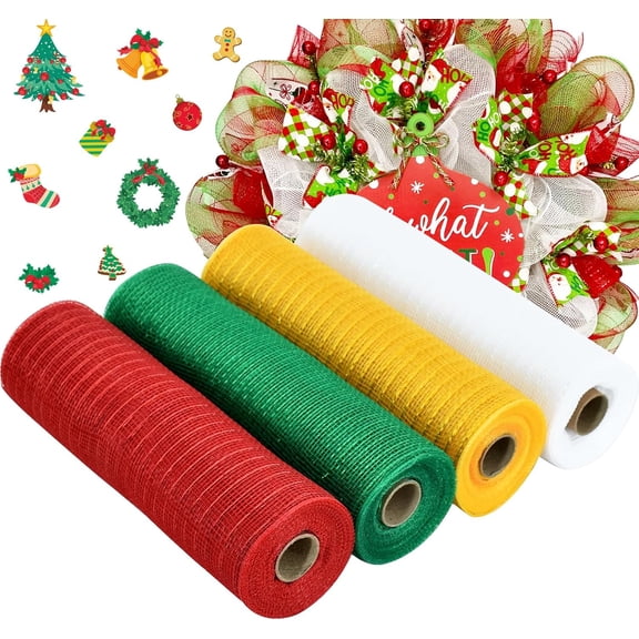 2/3/4 Roll 10 Inch Decorative Mesh Ribbon Rolls, Fabric Mesh with Foil for Wreaths Front Door Decor Christmas Festival Party Accessories Party Decoration Supplies (10yds/roll)
