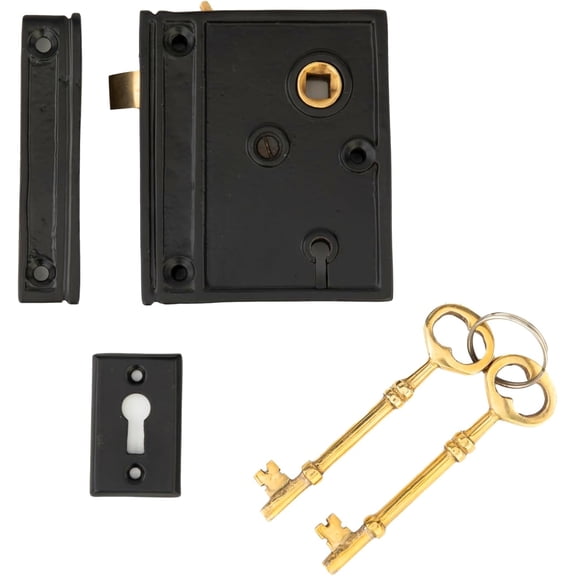 2 3/8" Backset Black Powder Coat Iron Rim Lock - Vintage Style, Secure Latch for Doors & Cabinets - Sturdy, Easy Install, Perfect for Rustic & Industrial Decor