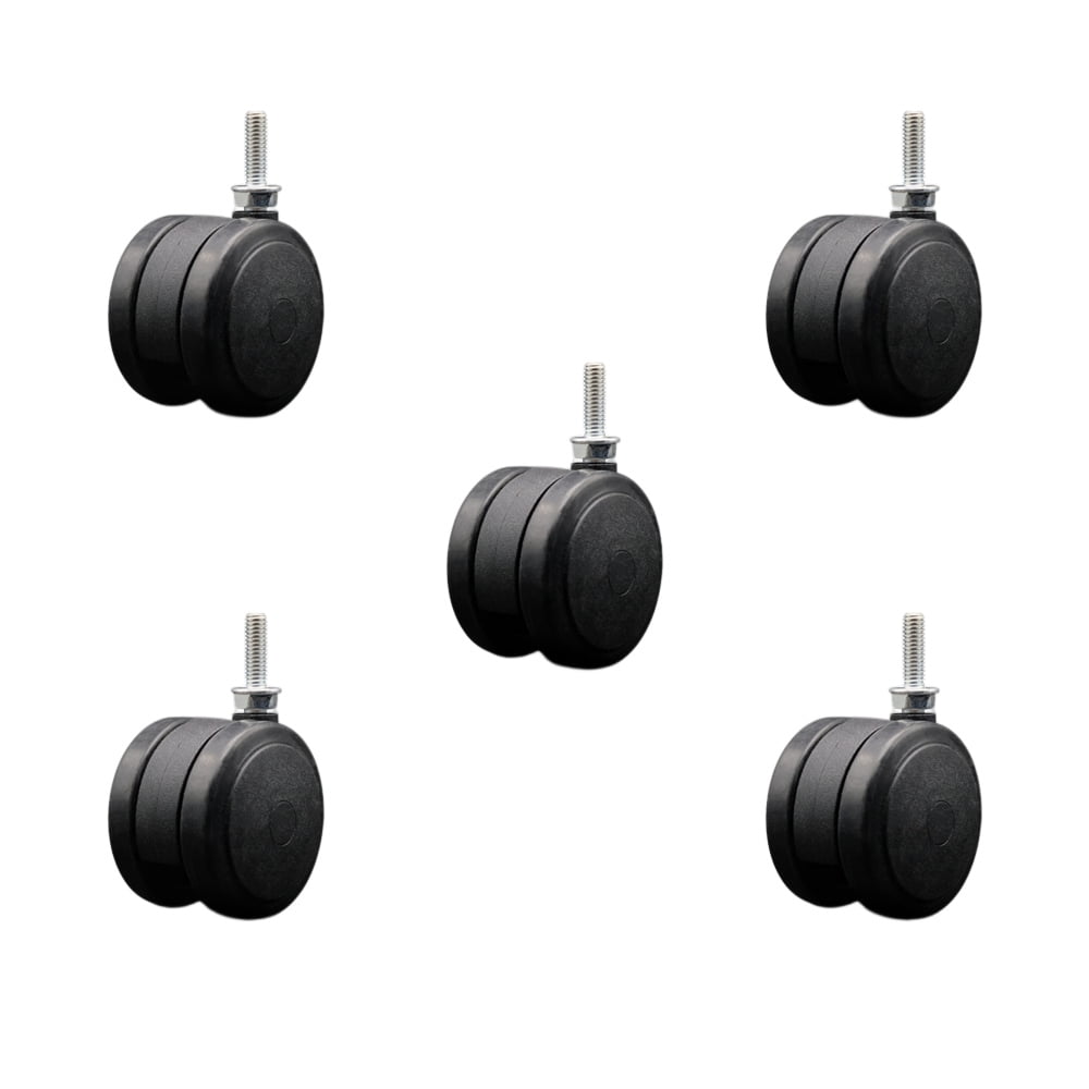 2-3/8 Inch Black Floor Safe Twin Wheel Casters 5/16 Threaded Stem Set of 5 SCC