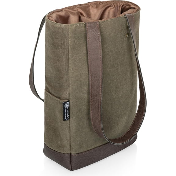 2 and 3 Bottle Insulated Wine Bag, Distressed Waxed Canvas Wine Tote, Durable Bottle Carrier Bag for Gifts and Travel with Side Pockets & Removable Divider (Khaki Green with Brown Accents)