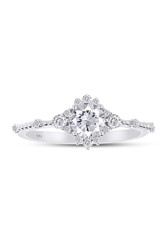 2/3 Carat Centre 5MM Round Cut Moissanite Lab Create Diamond Three Stone Beaded Engagement Wedding Bridal Ring 14K White Gold Over Sterling Silver(0.66 Cttw)-5
