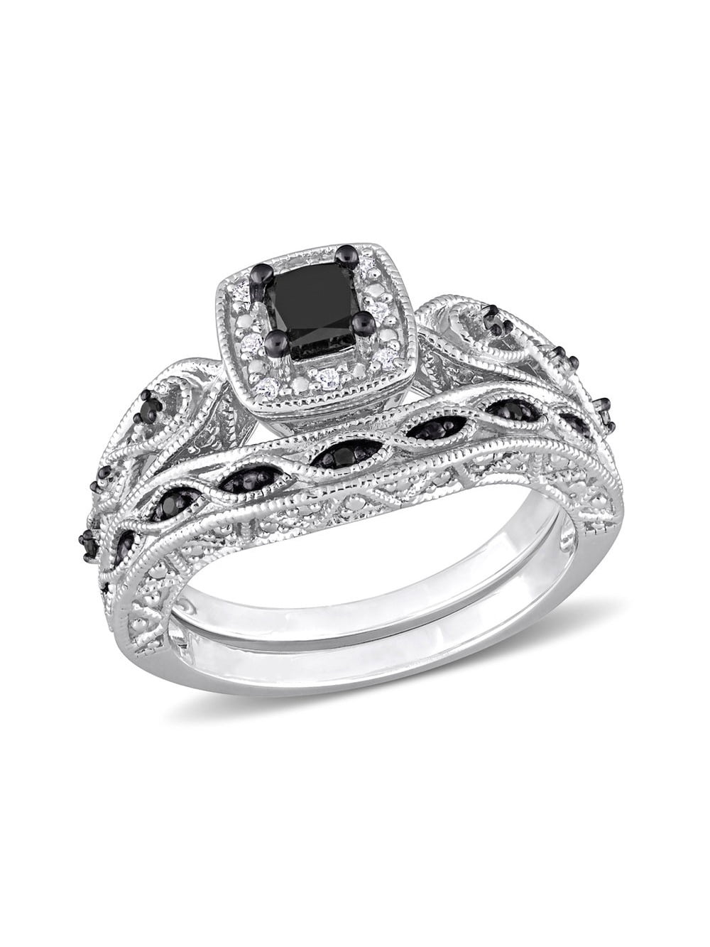 2/3 Carat (Ctw) Black Diamond Engagement Ring and Wedding Band Set in Sterling Silver for Women