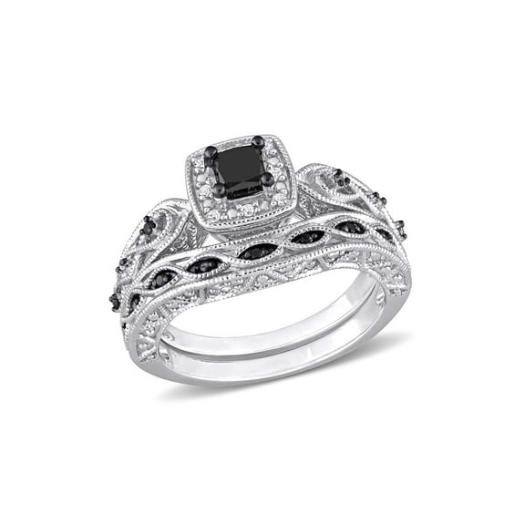 2/3 Carat (Ctw) Black Diamond Engagement Ring and Wedding Band Set in Sterling Silver for Women