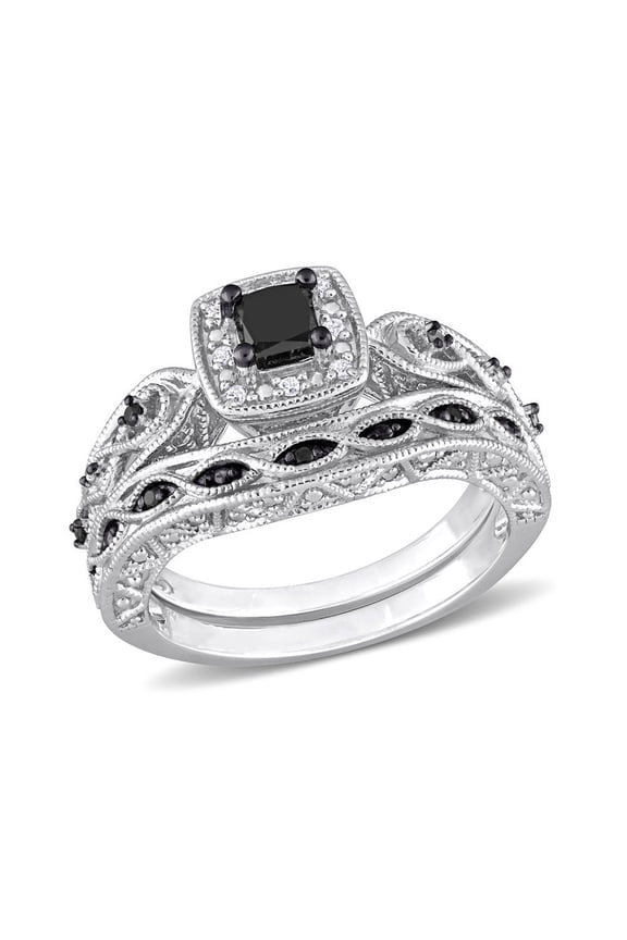2/3 Carat (Ctw) Black Diamond Engagement Ring and Wedding Band Set in Sterling Silver for Women