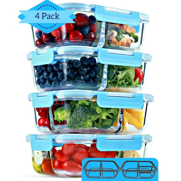 Glass Meal Prep Containers 4 Pack, 30 oz - 2 & 3 Compartment Food Storage Containers with Lids, BPA Free Food Prep Containers, Bento Box, Lunch Box, Portion Control, Airtight