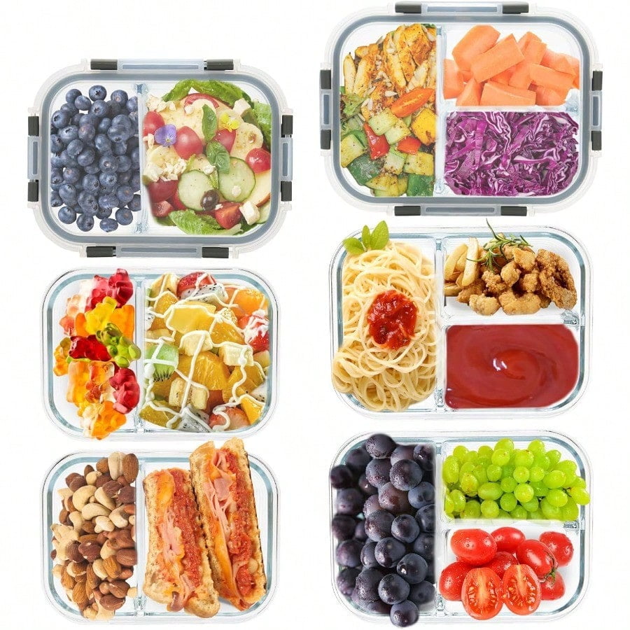 2 3 Compartment Meal Prep Containers Glass Food Storage Lunch Containers with Lids Bento Box Portion Control Freezer to Microwave Safe