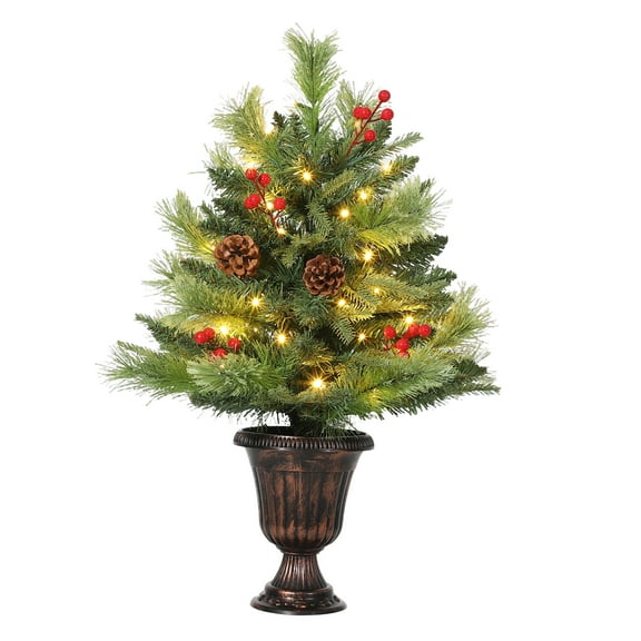 2/3 Ft Mini Tabletop Christmas Tree, Small Christmas Tree with 40 LED Warm Lights, Pine Cone & Red Berry, Artificial Xmas Tree for Home, Holiday Decor