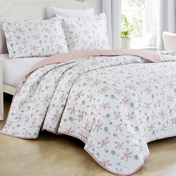 2/3 PCS Kids Bedspread Set Dragonfly and Dandelion Print Reversible Quilt