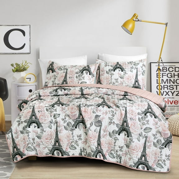 2/3 PCS Kids Bedspread Set Eiffel Tower & Floral Paris Design, Reversible Quilt with Pink Back