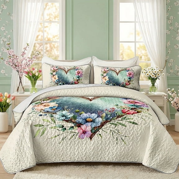 2/3 Pcs Vintage Art Watercolor Heart Floral Quilt Set, 1 Quilt + 1/2 Pcs Pillowcases, Soft Breathable Comfortable Lightweight, Machine Washable Bedspread Bedding Room Decor (Heart Print, King）