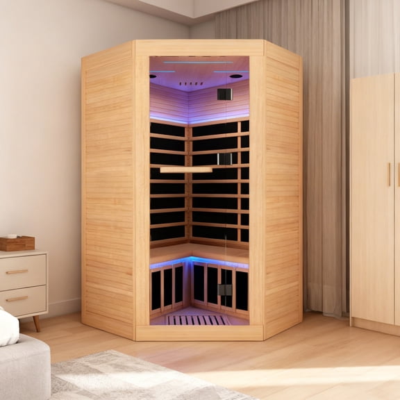 2-3 Person Corner Far Infrared Sauna, Low-EMF Home Sauna Canadian Hemlock 7 Color LED, Tempered Glass