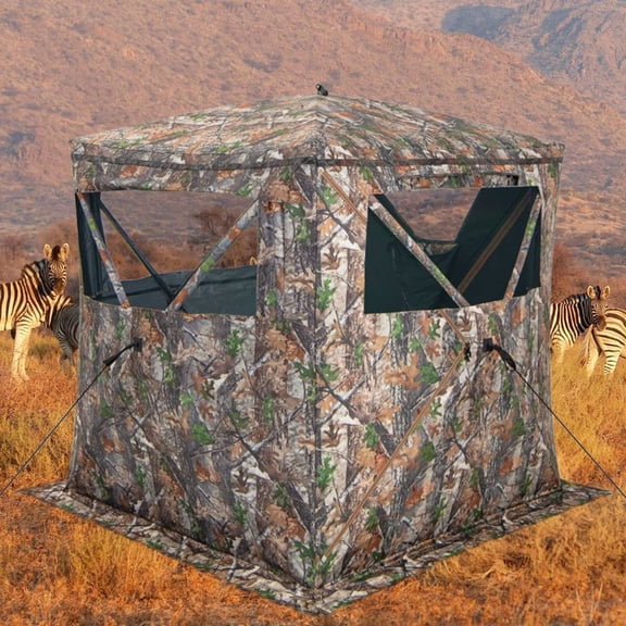 2-3 Person Pop Up Ground Tent with 270° See-Through Panels, Camouflage Portable Deer Blind with Silent Windows, UV50+ Waterproof Fabric, Stakes, Wind Ropes and Carry Bag