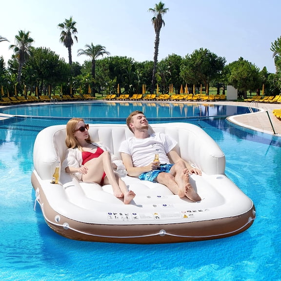 2-3 Person Inflatable Pool Float, 71x71 Giant Inflatable Island Bed with UPF50 Retractable Canopy & Built-in Cup Holder, Load 440LBS, Blow-up Floating Lounge Island for Pool Lake Beach
