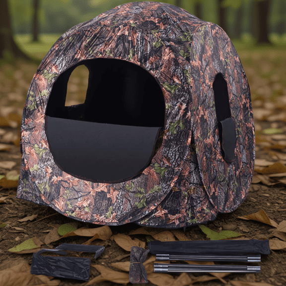 2-3 Person Pop-Up Blind Camo Ground Tent with 4 Zippered Windows, 9 lbs, Includes Carry Bag