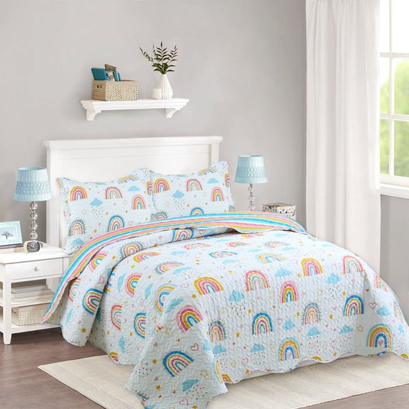 2/3 Piece Printed Quilt Set Lightweight Bedspread Decoration Throw Blanket Reversible Coverlet with Unicorn, Rainbow, Forest, Flower Design