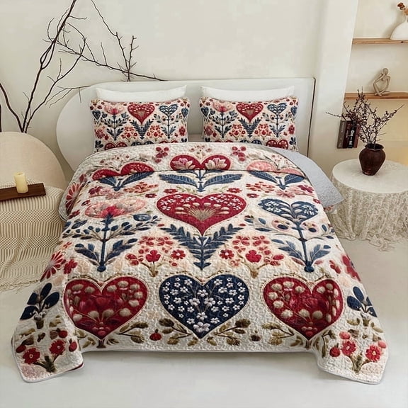 2/3-Piece Pure and Elegant Heart Floral Quilt Set, 1pc Quilt + 1/2 Pcs Pillowcases, Soft Breathable Comfortable Lightweight, Hypoallergenic, Machine Washable Bedspread Bedding Room Decor