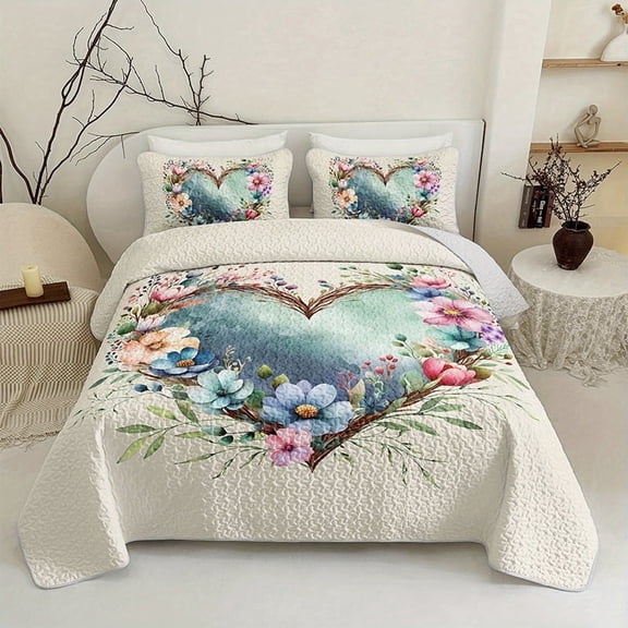 2/3-Piece Pure and Elegant Heart Floral Quilt Set, 1pc Quilt + 1/2 Pcs Pillowcases, Soft Breathable Comfortable Lightweight, Hypoallergenic, Machine Washable Bedspread Bedding Room Decor