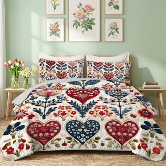 2/3-Piece Pure and Elegant Heart Floral Quilt Set, 1pc Quilt + 1/2 Pcs Pillowcases, Soft Breathable Comfortable Lightweight, Hypoallergenic, Machine Washable Single/Queen/King Size