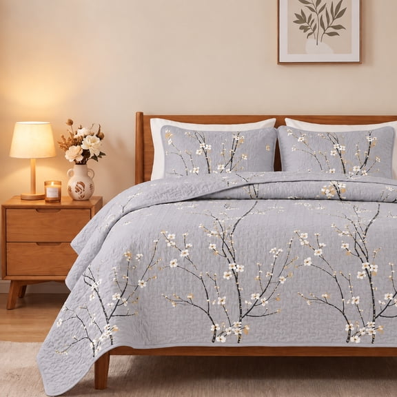 2/3-Piece Winter Plum Blossom Pattern Quilted Bedding Set, Fall Winter Bedspread/Coverlet For Bedroom(Gray,King)