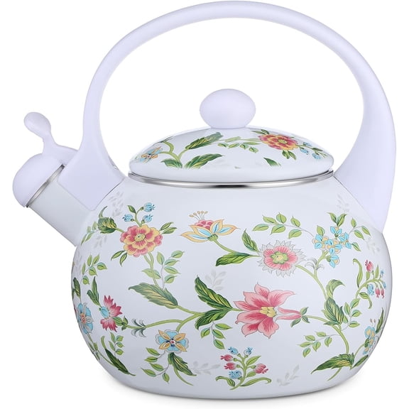 2.3 Quart Vintage Enamel Tea Kettle, Whistling Tea Kettle for Stove Top, Floral Enamel on Steel Teakettle Teapot for Home Kitchen Camping Picnic, Gift for Wedding Housewarming