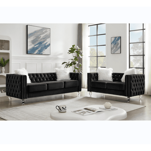 2+3 Seat Sofa Set, Modern Velvet Sofa with 2 Plush Pillow & Removable Cushion, Upholstered Lounge Single Sofa with Copper Nail & Crystal Buckle for Living Room & Bedroom, Black