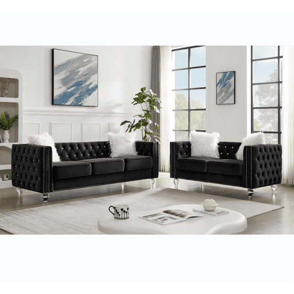 2+3 Seat Sofa Set, Velvet Sofa Couch with Crystal Buckle Tufted Back and Four Plush Pillows, Comfy Loveseat Sofa with Crystal Feet and Movable Cushion for Living Room, Bedroom, Office, Black